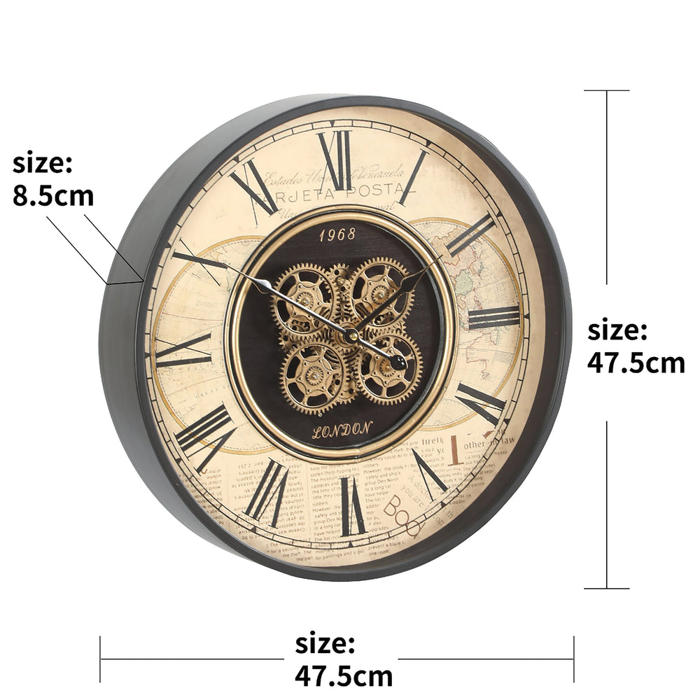 Chilli Decor 1968 London Old World Metal Moving Gears Wall Clock Beige 48cm TQ-E189 2