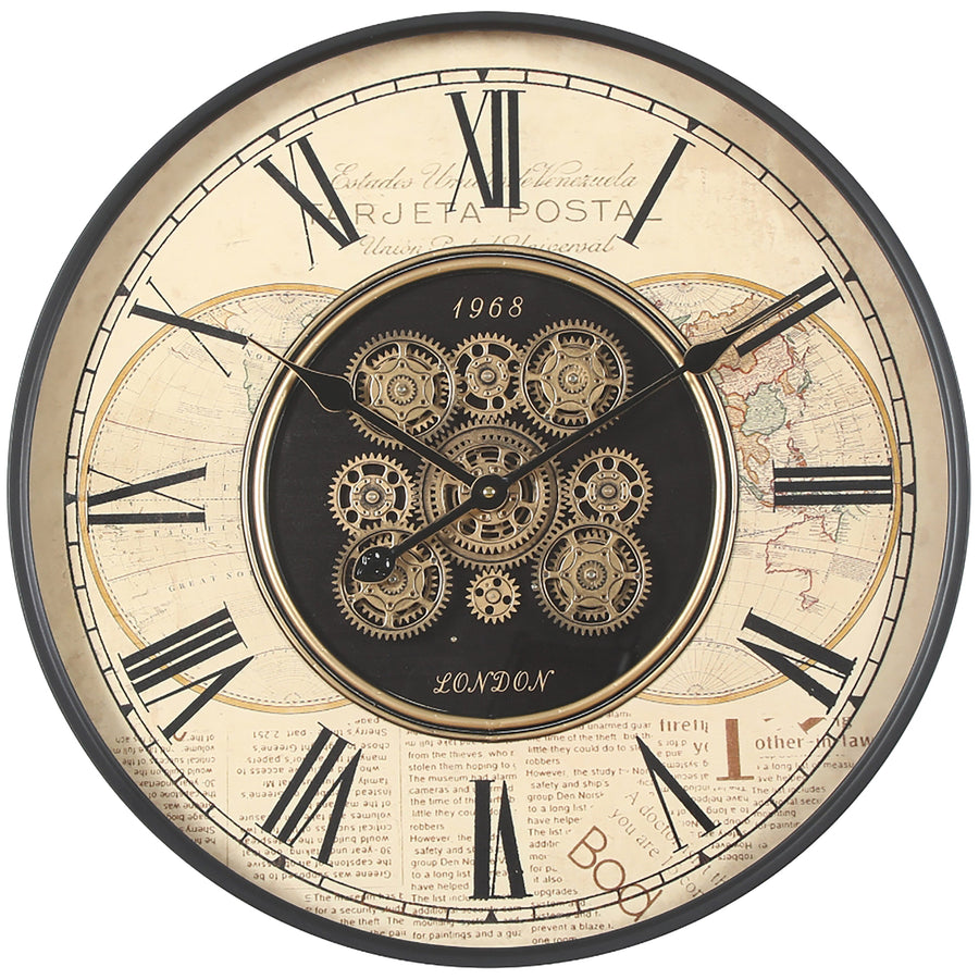 Chilli Decor 1968 London Old World Metal Moving Gears Wall Clock Beige 60cm TQ-E188 1
