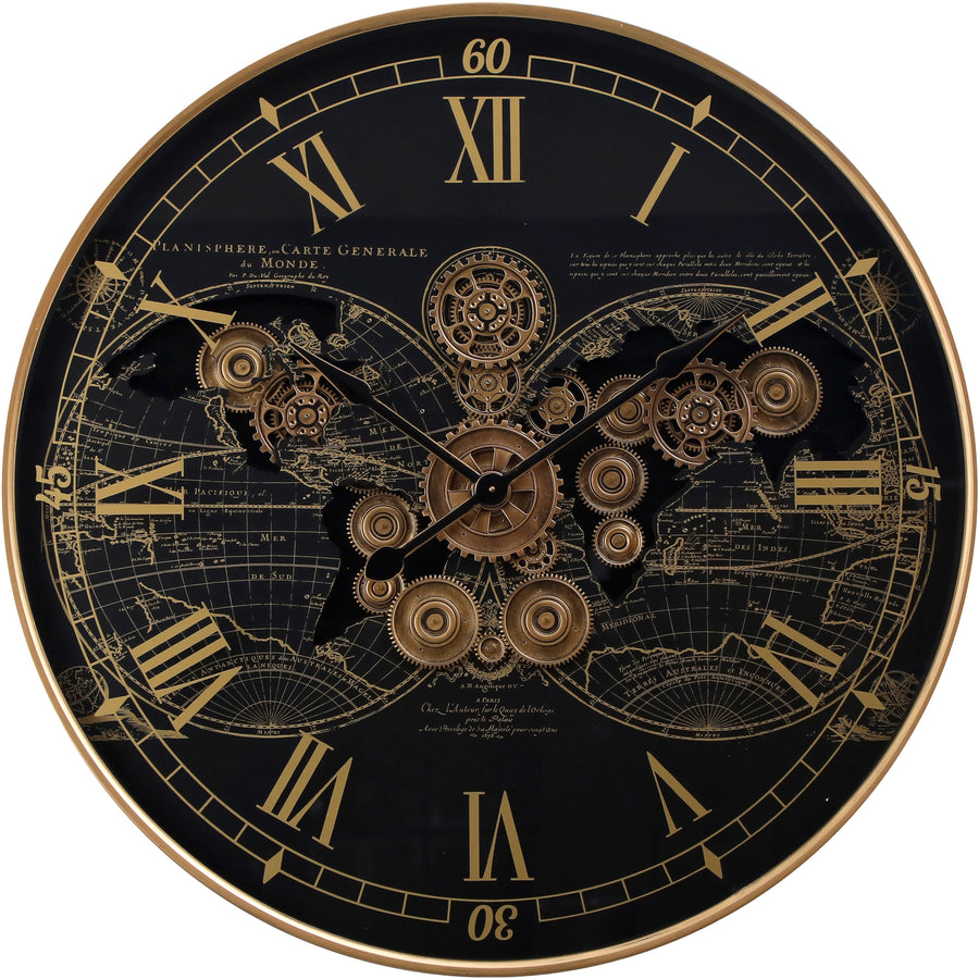 Chilli Decor Giant Vasco Map Metal Moving Gears Wall Clock Black Gold 100cm TQ-E102 1
