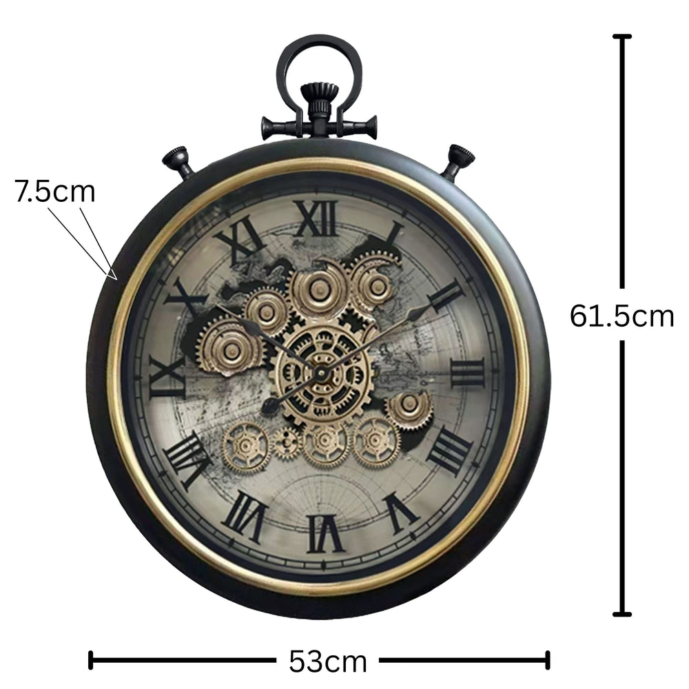 Chilli Decor Marco Map FOB Stopwatch Black Silver Moving Gears Wall Clock 62cm TQ-E155 2