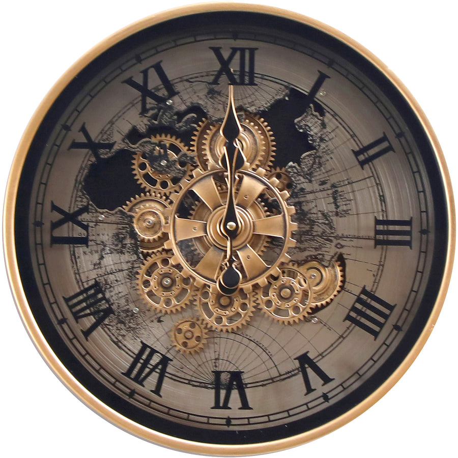 Chilli Decor Marco Map Industrial Metal Moving Gears Wall Clock Silver Black 40cm TQ-E106 1