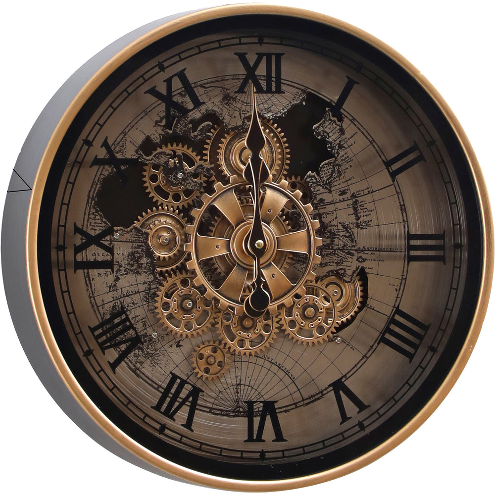 Chilli Decor Marco Map Industrial Metal Moving Gears Wall Clock Silver Black 40cm TQ-E106 2