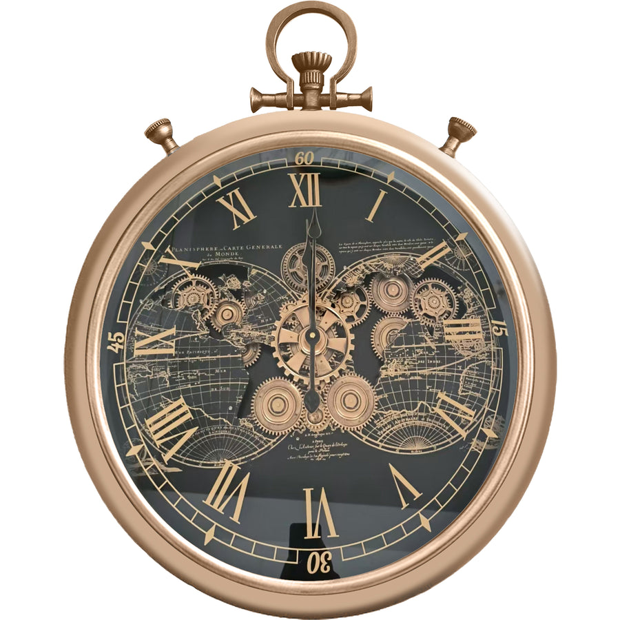 Chilli Decor Vasco Map FOB Stopwatch Gold Black Metal Moving Gears Wall Clock 62cm TQ-E154 1