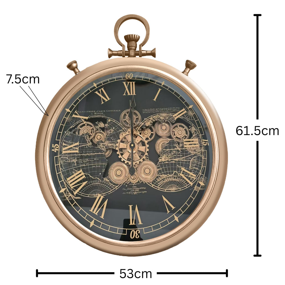 Chilli Decor Vasco Map FOB Stopwatch Gold Black Metal Moving Gears Wall Clock 62cm TQ-E154 2