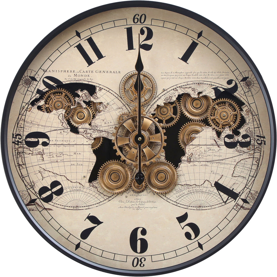 Chilli Decor Vasco Map Industrial Metal Moving Gears Wall Clock Black Beige 60cm TQ-E103 1