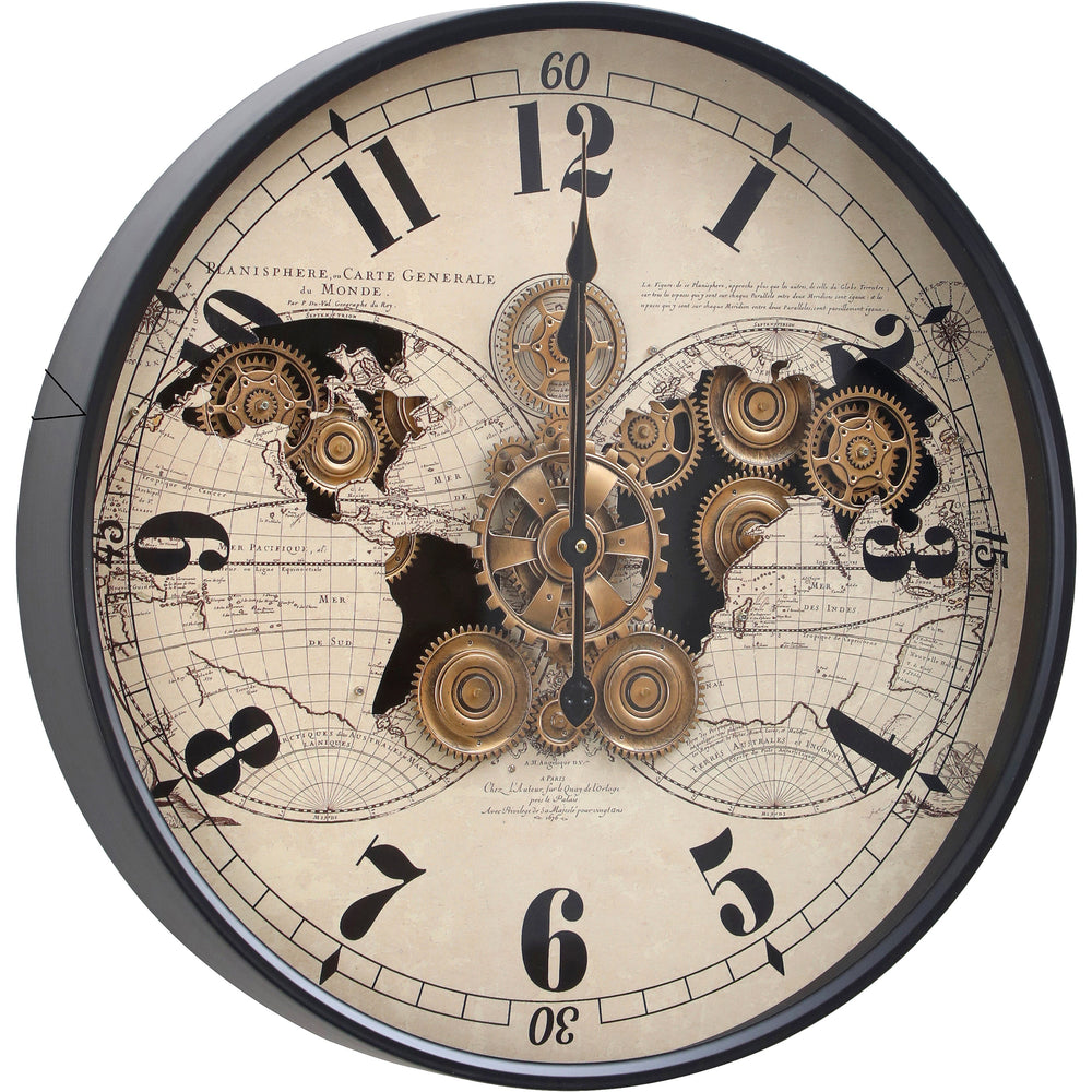 Chilli Decor Vasco Map Industrial Metal Moving Gears Wall Clock Black Beige 60cm TQ-E103 2