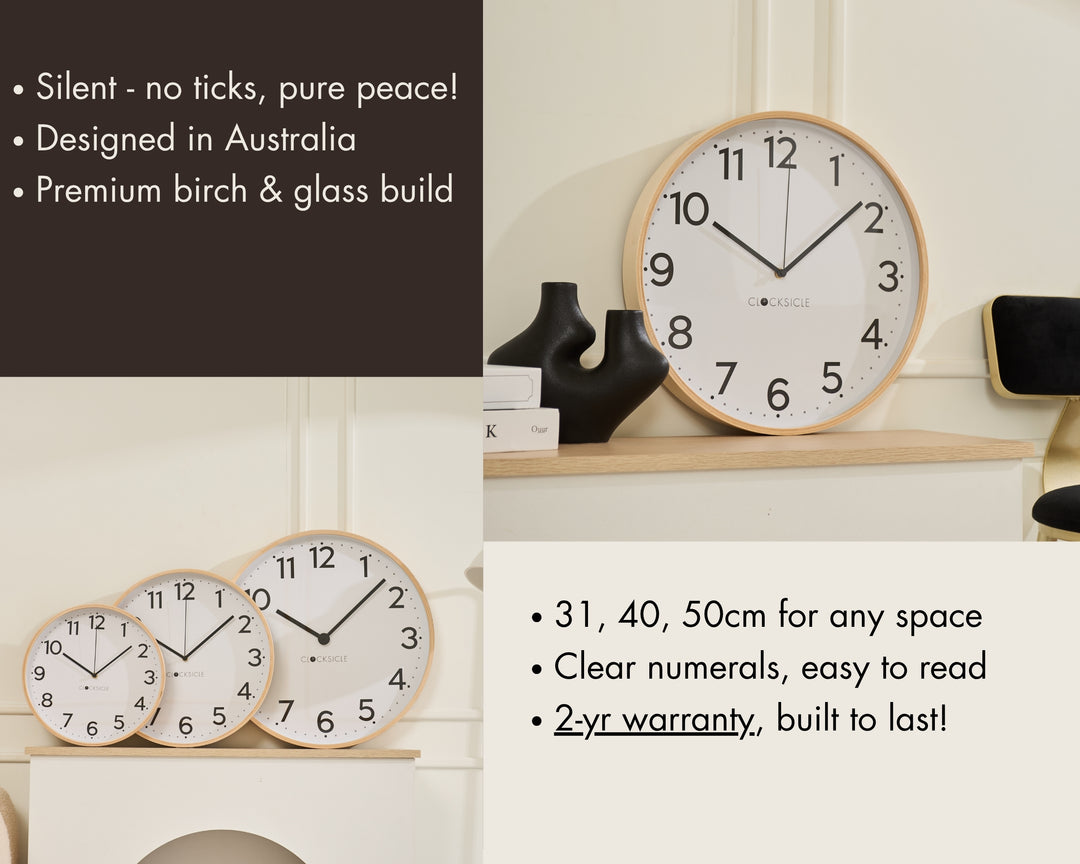 Clocksicle Silent Wood Wall Clock Black 40cm CC-40-BLCK Features