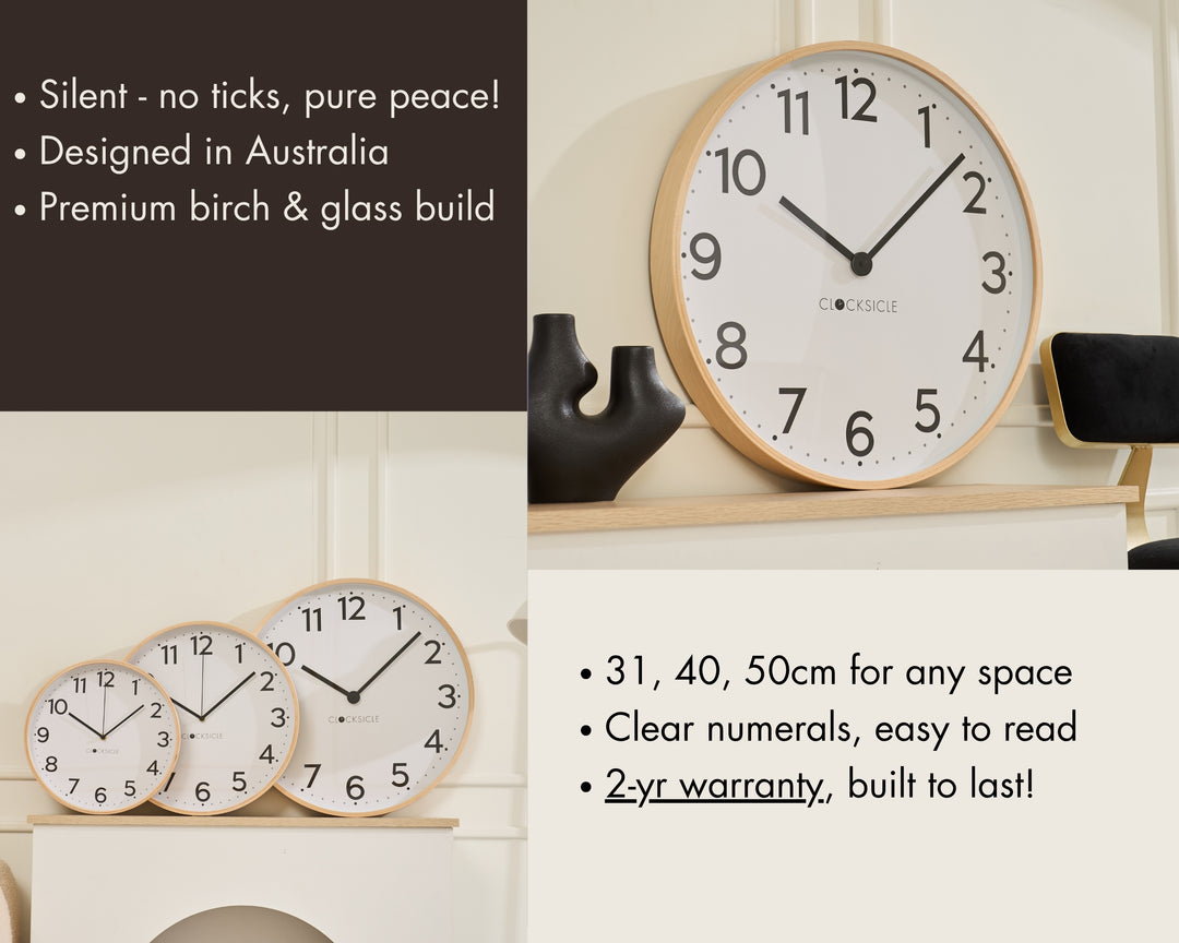 Clocksicle Silent Wood Wall Clock Black 50cm CC-50-BLCK Features