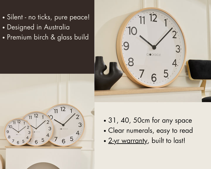 Clocksicle Silent Wood Wall Clock Black 50cm CC-50-BLCK Features