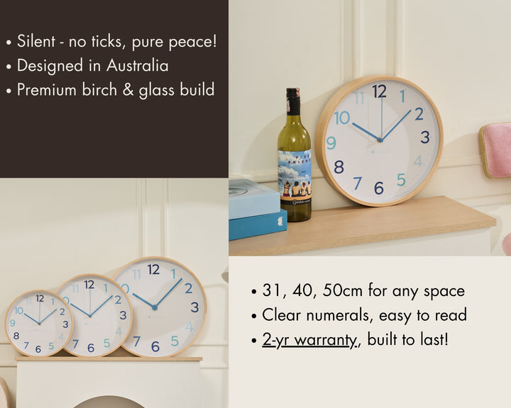 Clocksicle Silent Wood Wall Clock Multi Blue 31cm CC-30-MBLU Features