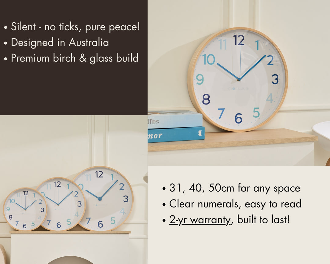 Clocksicle Silent Wood Wall Clock Multi Blue 40cm CC-40-MBLU Features