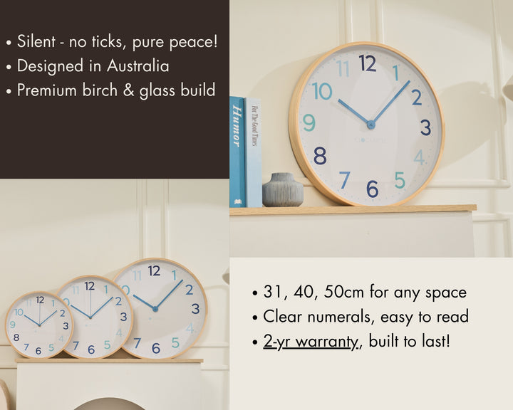 Clocksicle Silent Wood Wall Clock Multi Blue 50cm CC-50-MBLU Features
