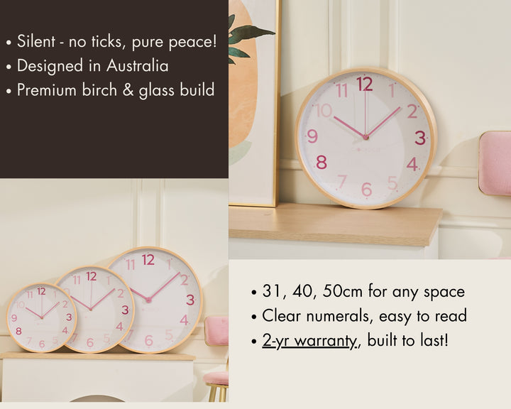 Clocksicle Silent Wood Wall Clock Multi Pink 31cm CC-30-MPIN Features  #size_31cm