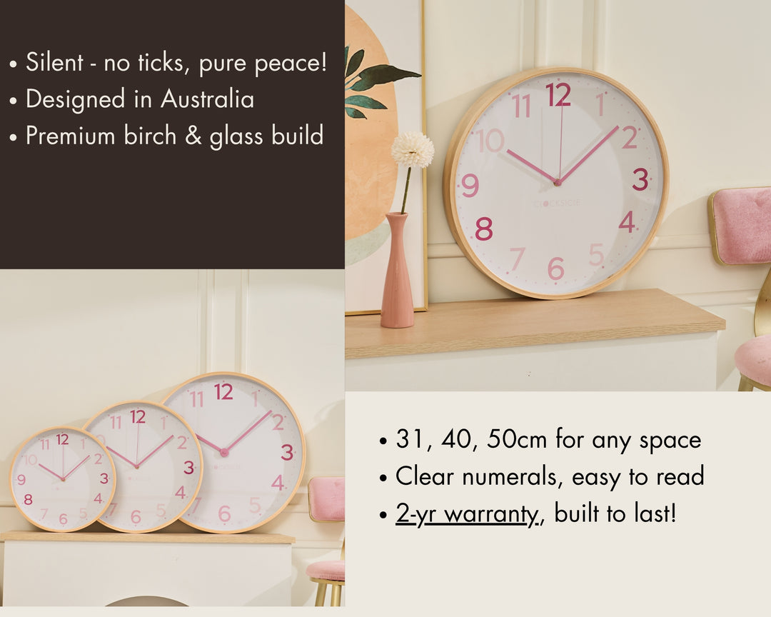 Clocksicle Silent Wood Wall Clock Multi Pink 40cm CC-40-MPIN Features #size_40cm