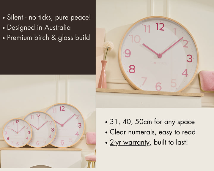 Clocksicle Silent Wood Wall Clock Multi Pink 50cm CC-50-MPIN Features #size_50cm