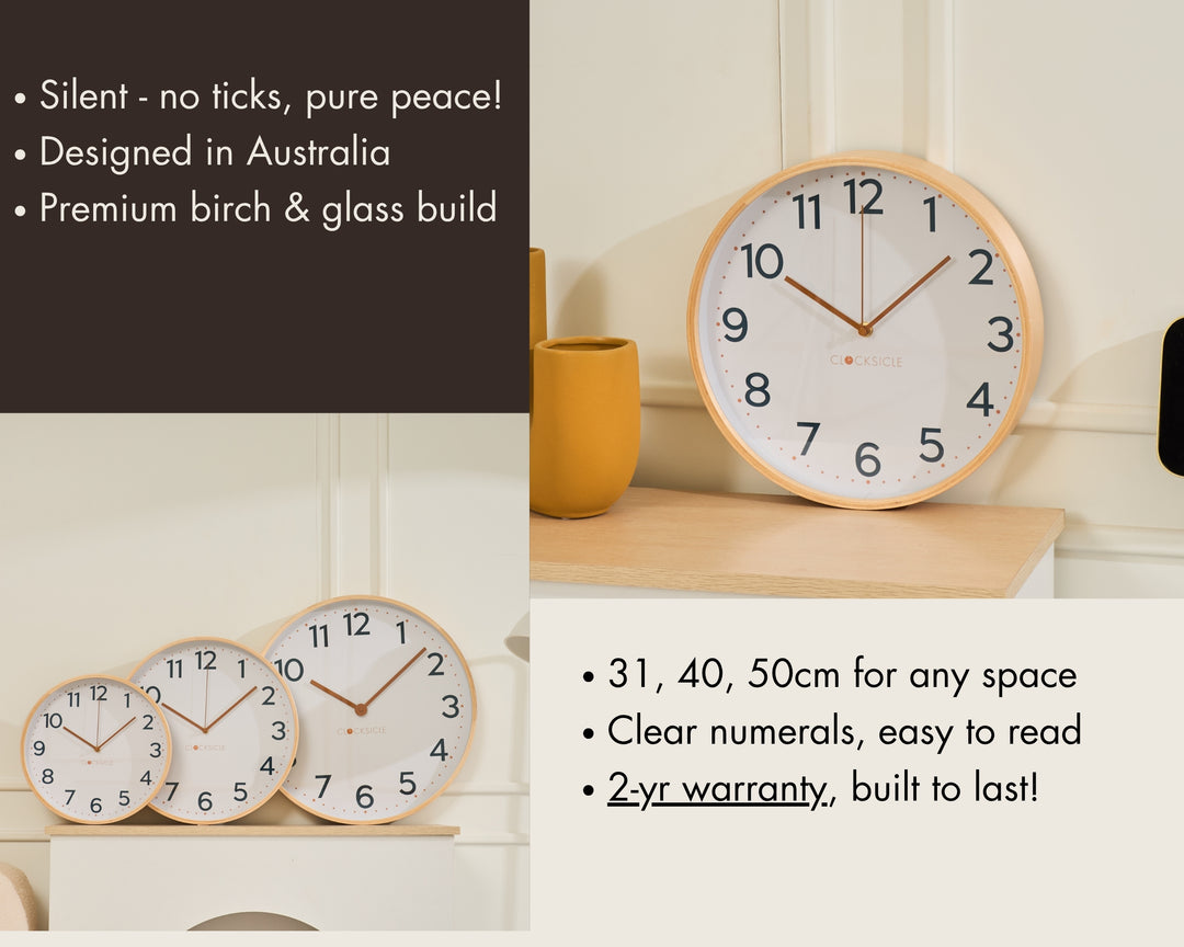 Clocksicle Silent Wood Wall Clock Mustard Navy 31cm CC-30-MUST Features