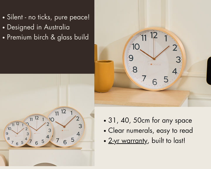 Clocksicle Silent Wood Wall Clock Mustard Navy 31cm CC-30-MUST Features