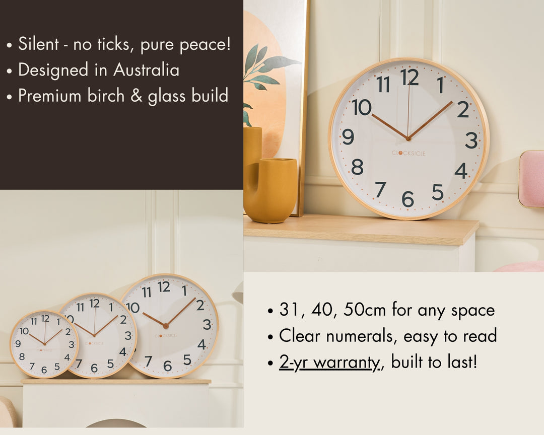 Clocksicle Silent Wood Wall Clock Mustard Navy 40cm CC-40-MUST Features