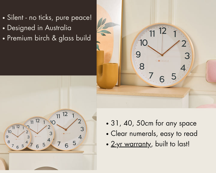 Clocksicle Silent Wood Wall Clock Mustard Navy 40cm CC-40-MUST Features