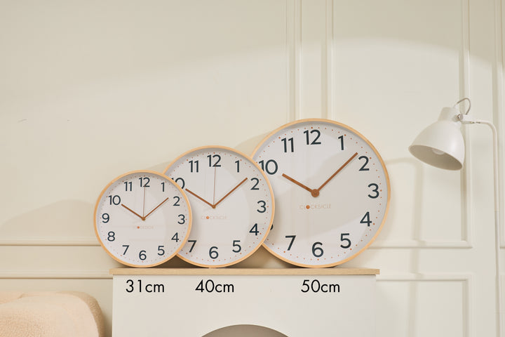 Clocksicle Silent Wood Wall Clock Mustard Navy All Sizes Together
