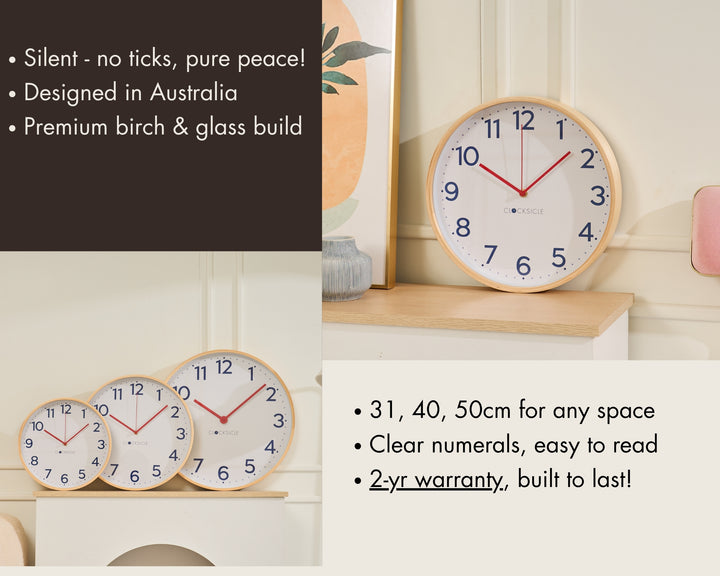 Clocksicle Silent Wood Wall Clock Navy 31cm CC-30-NAVY Features