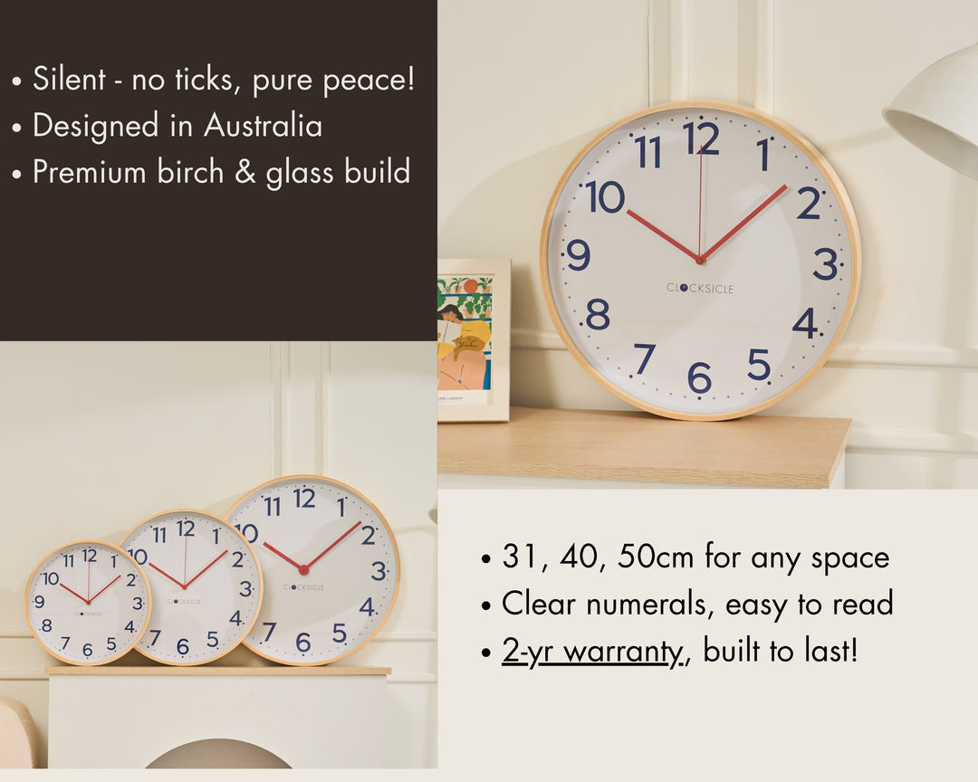 Clocksicle Silent Wood Wall Clock Navy 40cm CC-40-NAVY Features