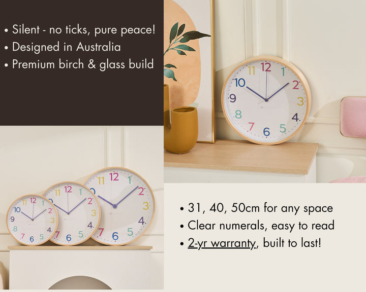 Clocksicle Silent Wood Wall Clock Neon Rainbow 31cm CC-30-NERA Features