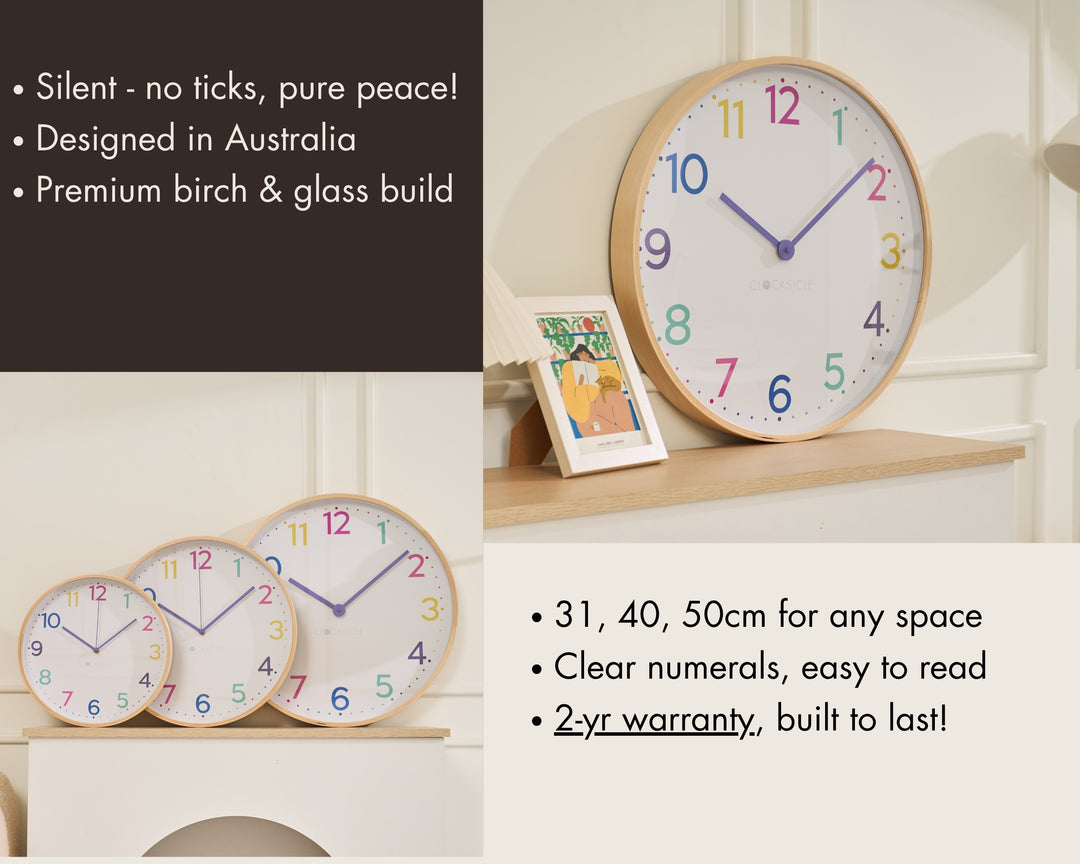 Clocksicle Silent Wood Wall Clock Neon Rainbow 50cm CC-50-NERA Features