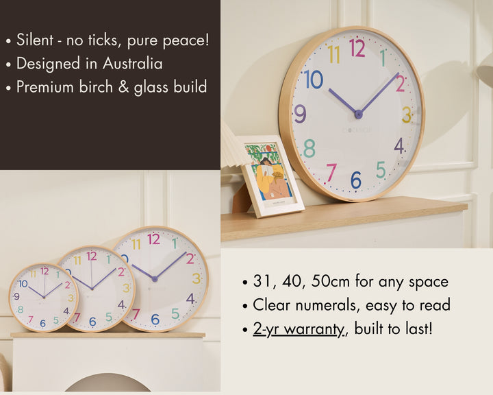 Clocksicle Silent Wood Wall Clock Neon Rainbow 50cm CC-50-NERA Features