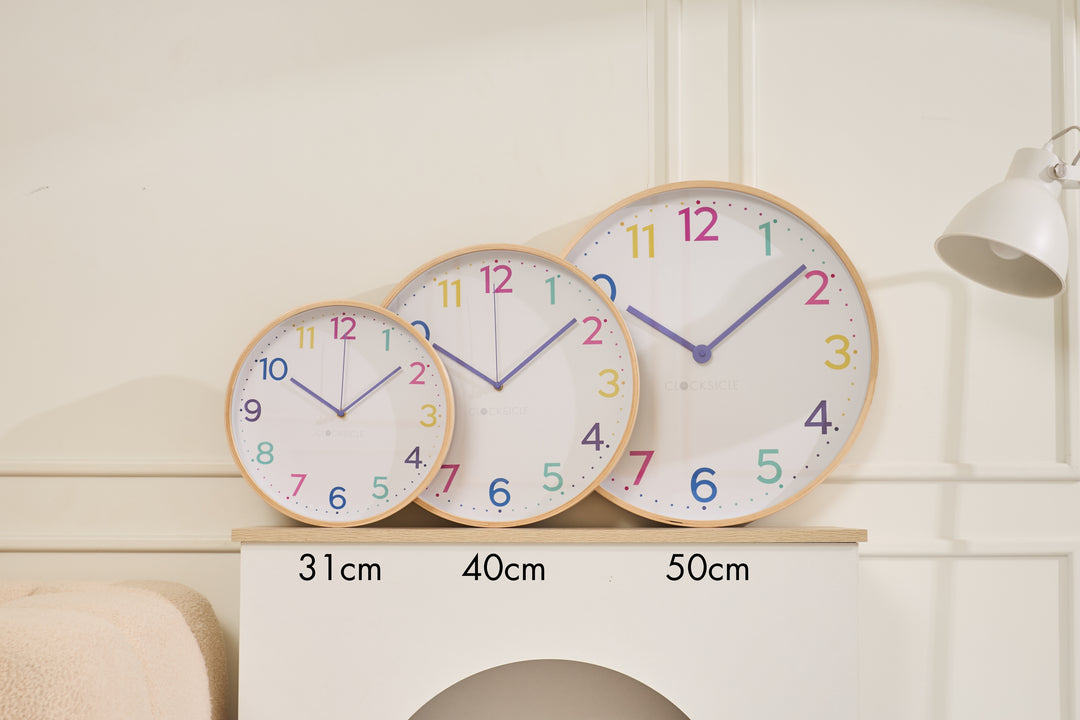 Clocksicle Silent Wood Wall Clock Neon Rainbow All Sizes Together