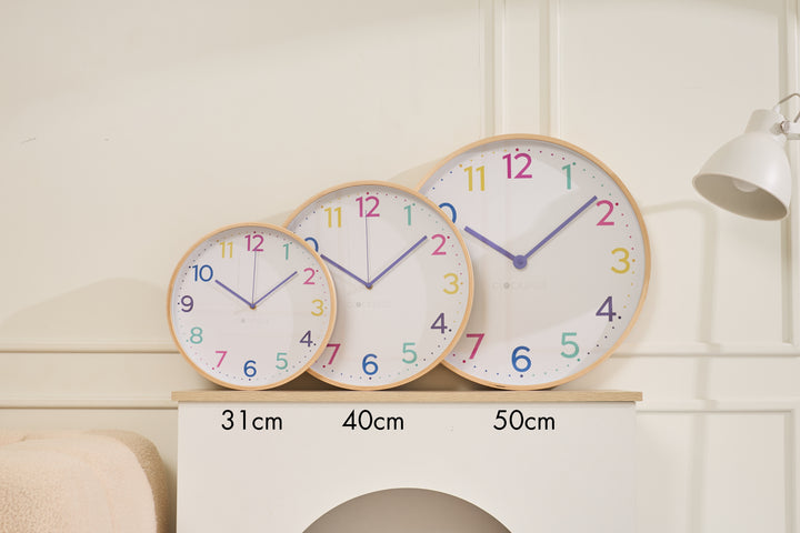 Clocksicle Silent Wood Wall Clock Neon Rainbow All Sizes Together