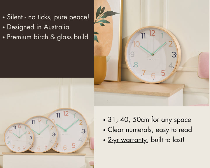 Clocksicle Silent Wood Wall Clock Rainbow 31cm CC-30-RAIN Features