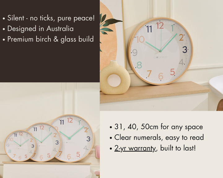 Clocksicle Silent Wood Wall Clock Rainbow 40cm CC-40-RAIN Features