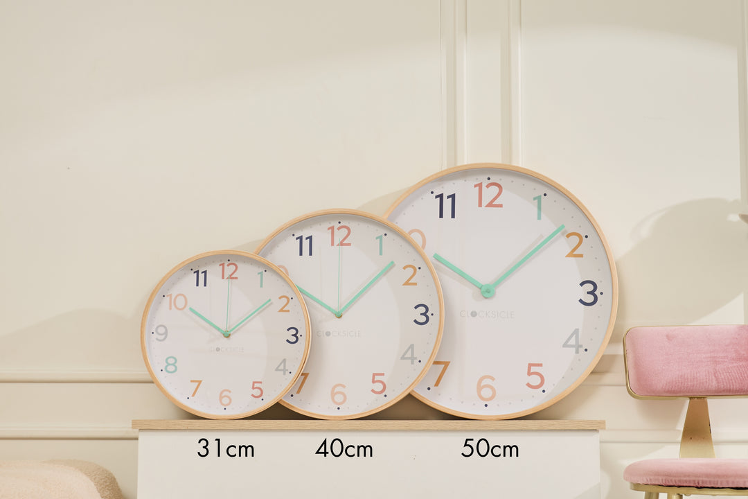 Clocksicle Silent Wood Wall Clock Rainbow All Sizes Together