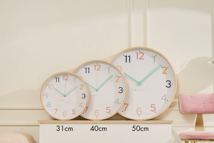 Clocksicle Silent Wood Wall Clock Rainbow All Sizes Together