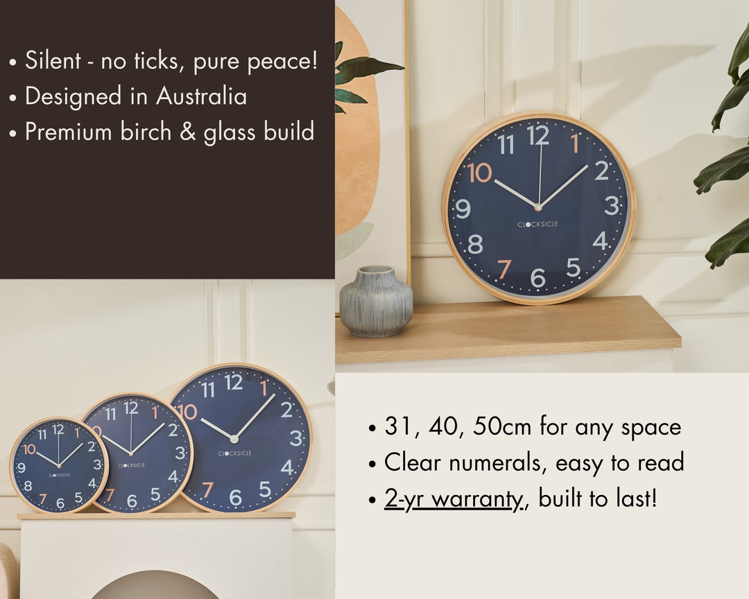 Clocksicle Silent Wood Wall Clock Sailor Blue 31cm CC-30-SAIL Features  #size_31cm