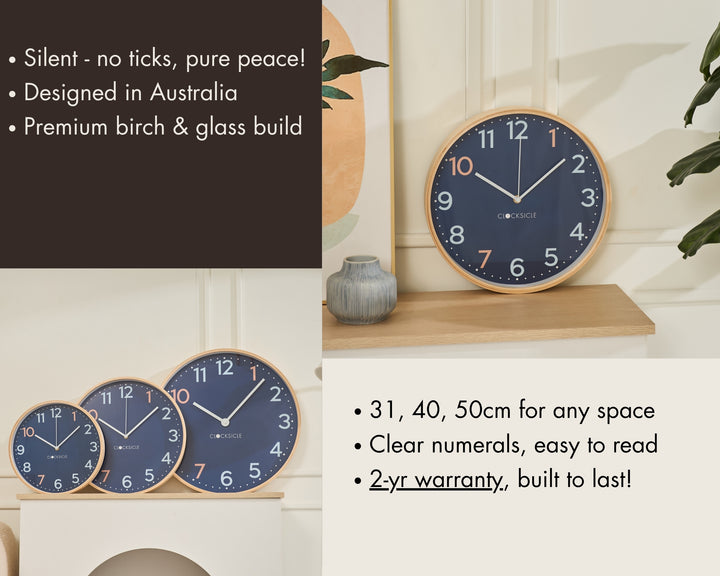 Clocksicle Silent Wood Wall Clock Sailor Blue 31cm CC-30-SAIL Features  #size_31cm