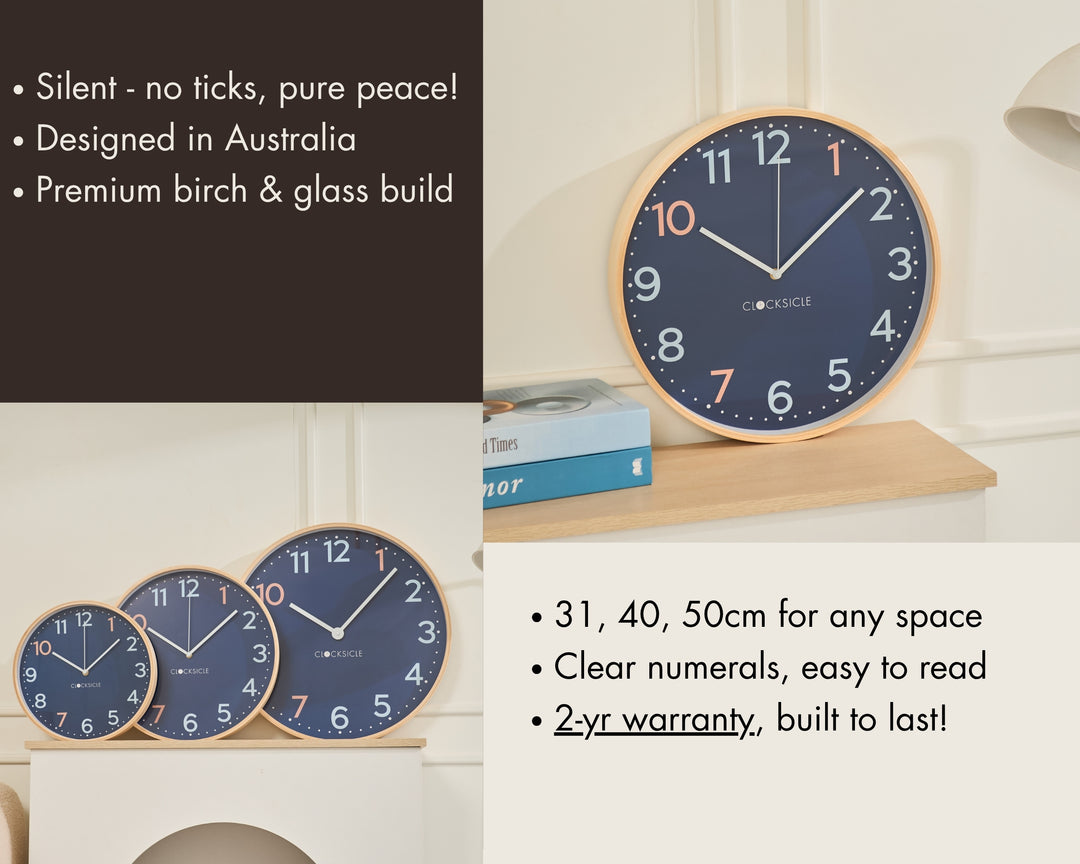 Clocksicle Silent Wood Wall Clock Sailor Blue 40cm CC-40-SAIL Features  #size_40cm