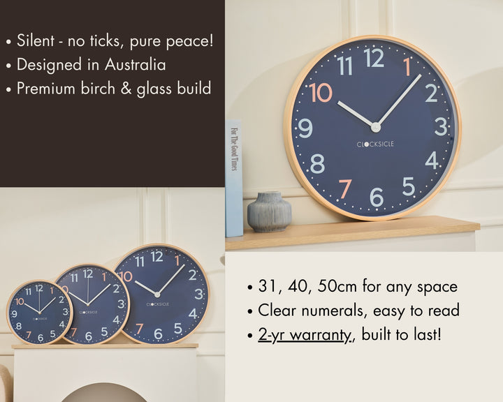 Clocksicle Silent Wood Wall Clock Sailor Blue 50cm CC-50-SAIL Features  #size_50cm