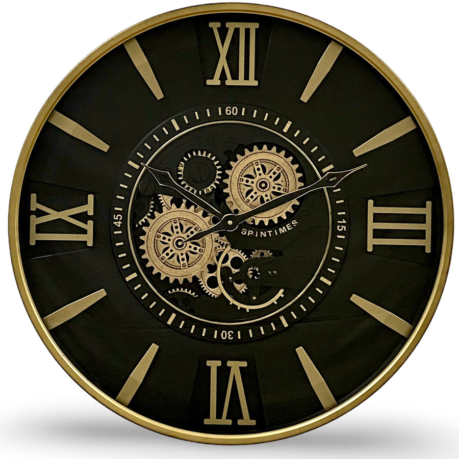 Victory Spintimes Black Gold Metal Moving Gears Wall Clock 60cm CCM-1662 1