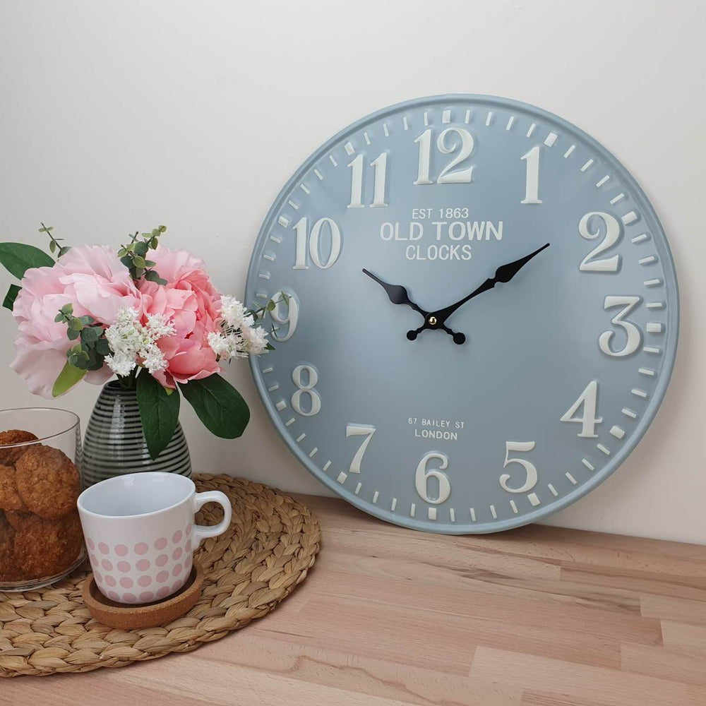 Victory Old Town Embossed Numbers Domed Metal Wall Clock Blue Grey 40cm CHH 688G 2