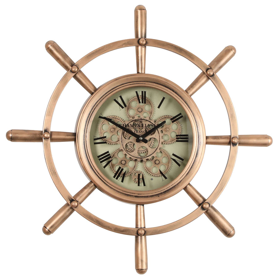 Chilli Decor Nautical Steering Wheel Copper Metal Moving Gears Wall Clock 65cm TQ-Y743 1