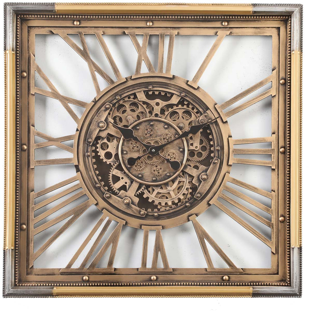 Chilli Decor Roma Square Rustic Gold Silver Metal Moving Gears Wall Clock 80cm TQ-Y658 2
