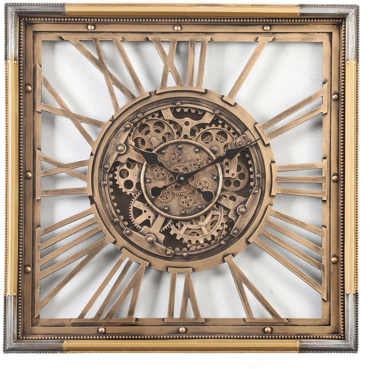 Chilli Decor Roma Square Rustic Gold Silver Metal Moving Gears Wall Clock 80cm TQ-Y658 2