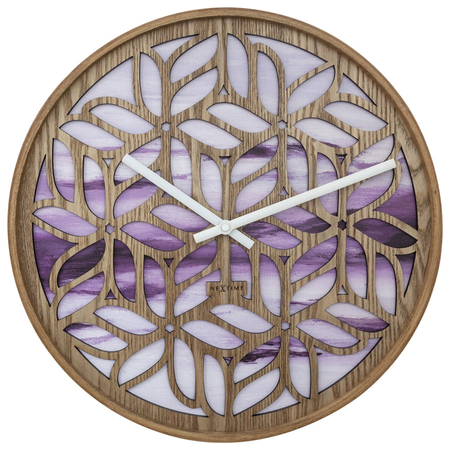 NeXtime Yogi Intricate Wooden Pattern Wall Clock Purple 40cm 573308 1