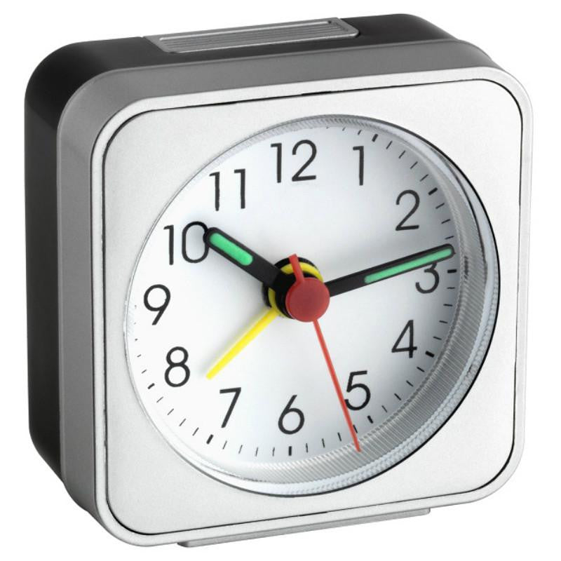 TFA Square Analog Alarm Clock Black and Silver 6cm 601019