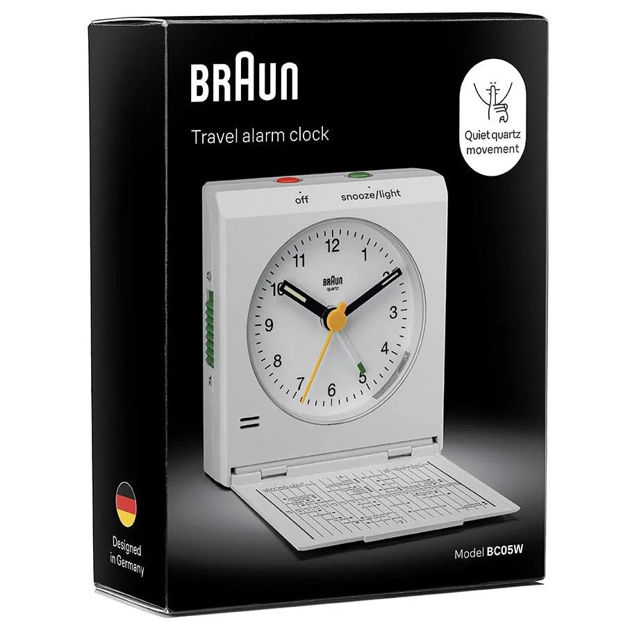 Braun Classic Compact Folding Travel Analogue Alarm Clock White