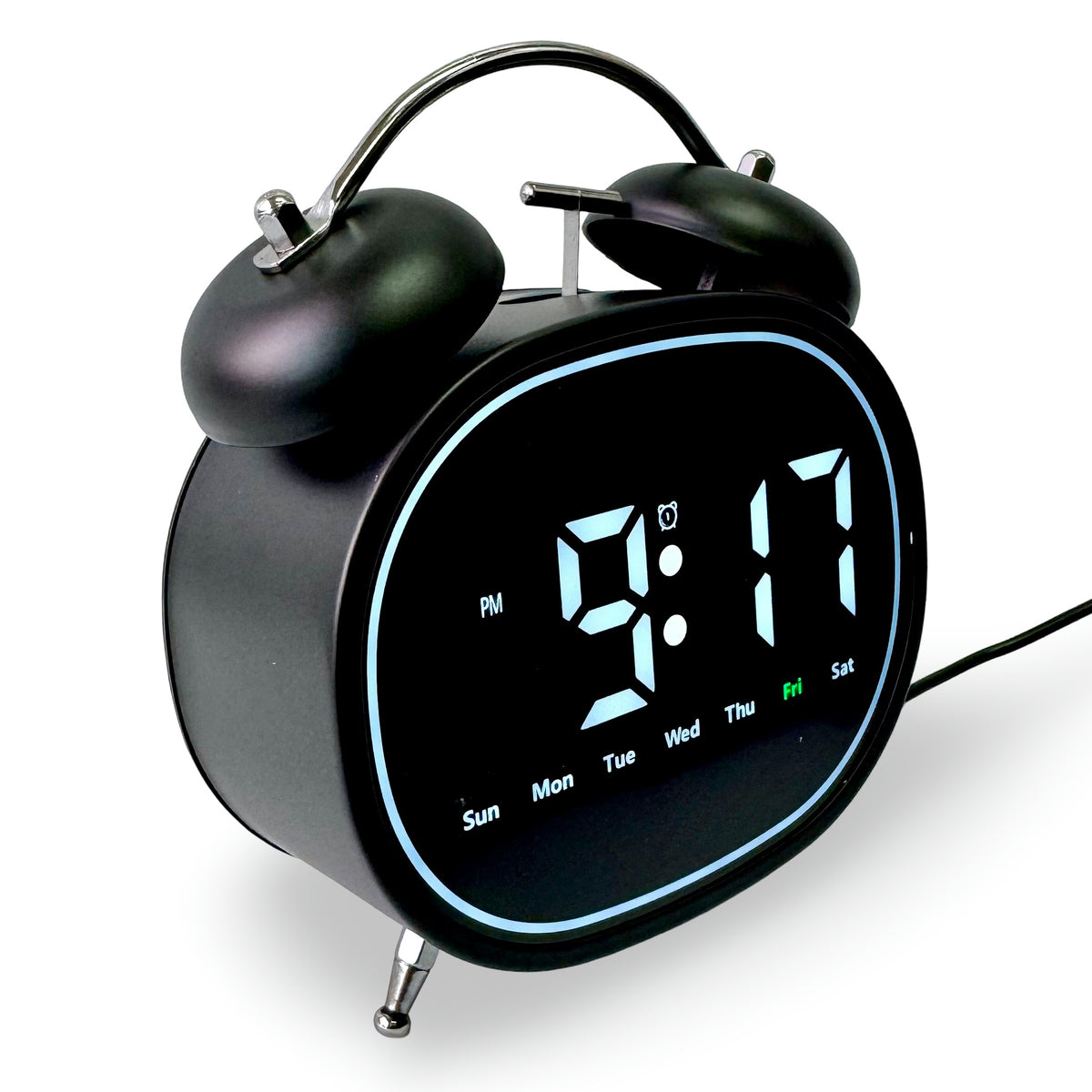 Checkmate Casper USB Powered Oval Twin Bell Digital Alarm Clock Black 15cm VGW-2739BK 2