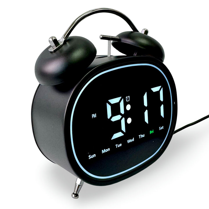 Checkmate Casper USB Powered Oval Twin Bell Digital Alarm Clock Black 15cm VGW-2739BK 2