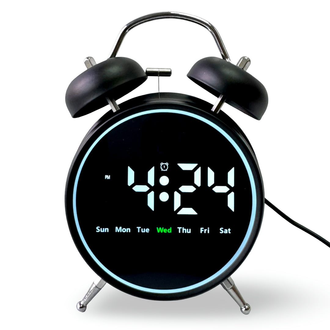Checkmate Reggie USB Powered Round Twin Bell Digital Alarm Clock Black 17cm VGW-2738BK 1